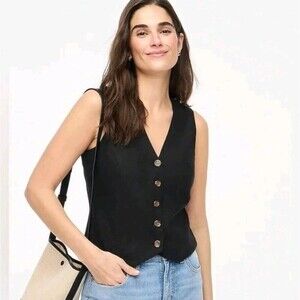 J.CREW Button Front Linen Blend Vest 8 Black V-Neck Tailored Fit NWT B60